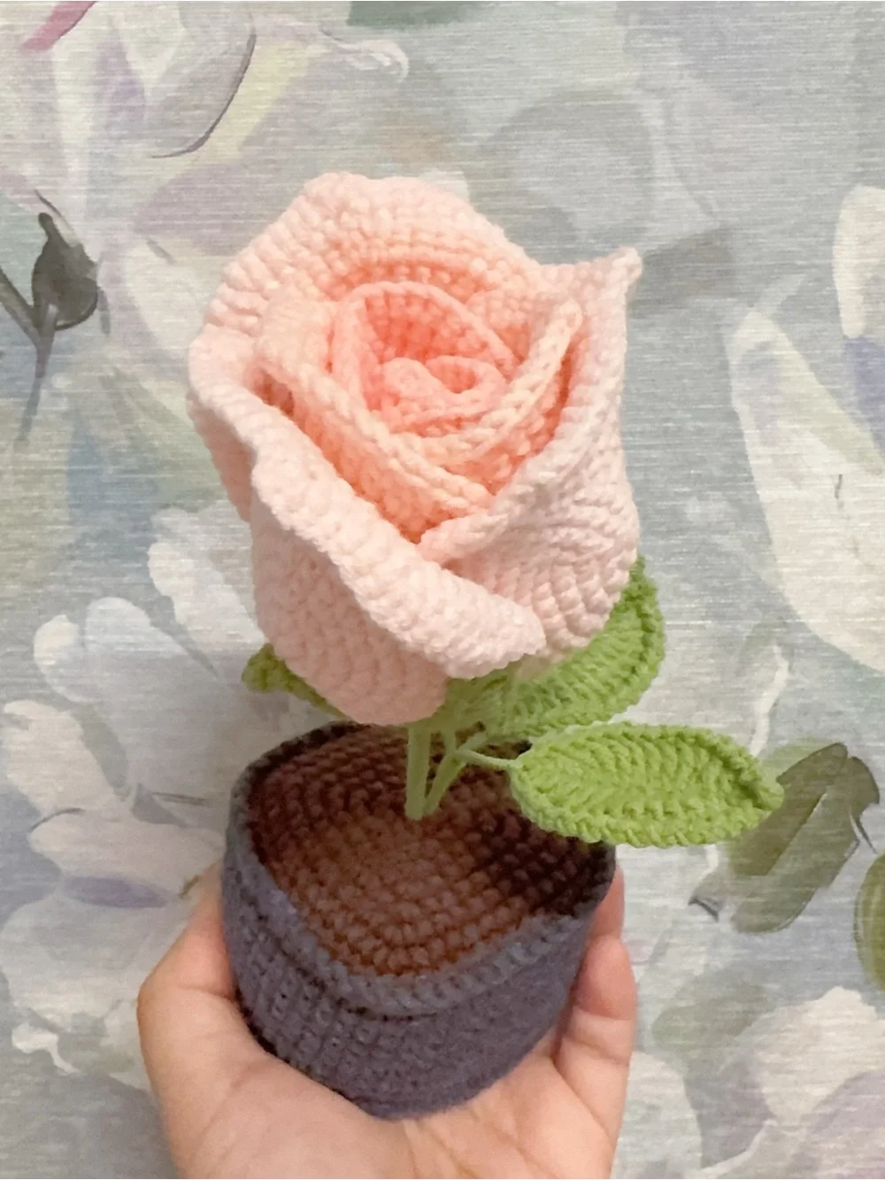 Handmade Pink Crochet Rose in Gray Pot - Home Accents